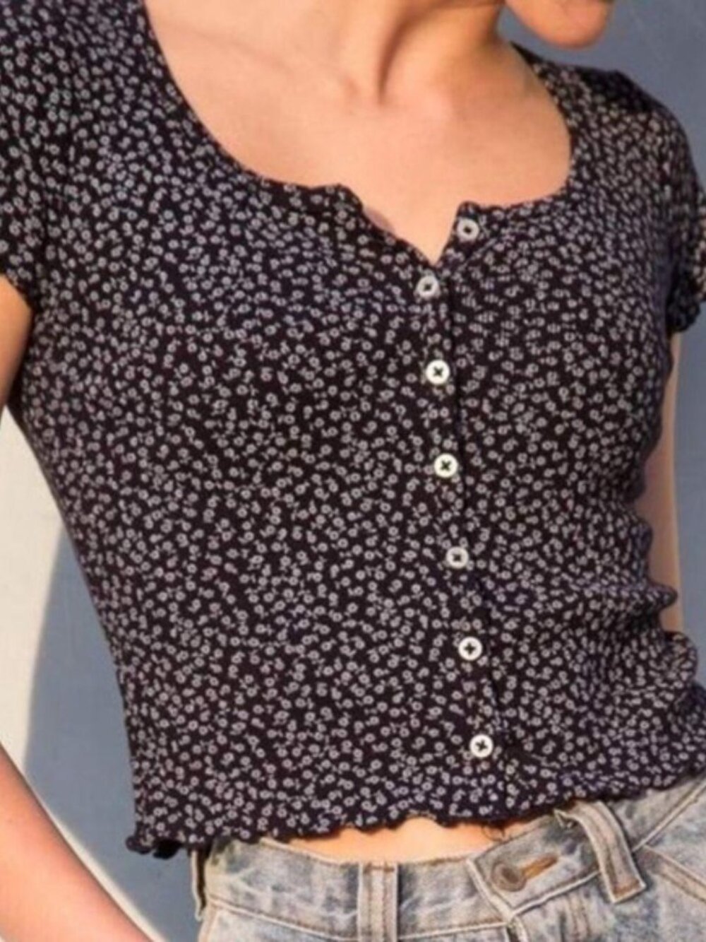 Brandy Melville Black and White Floral Button-Down Shirt